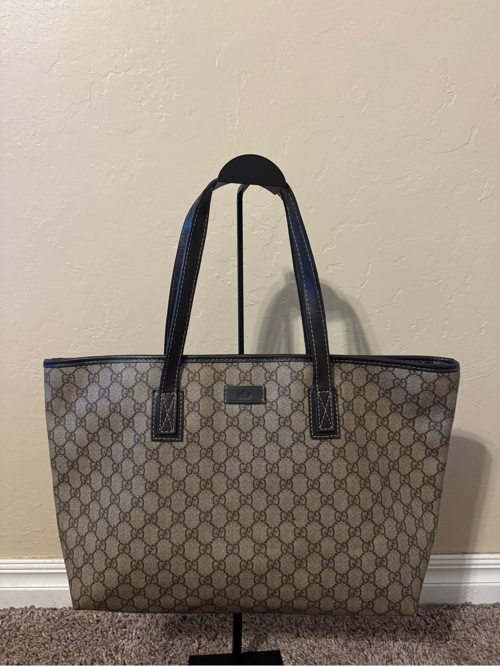 Gucci Beige Brown GG Supreme Canvas Tote with Black Trim